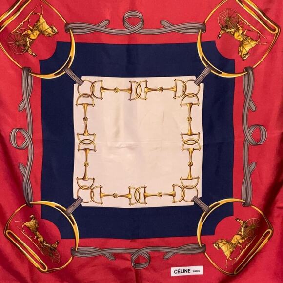 CELINE Paris 100% Silk Scarf Equestrian Motif Vintage Red Gold - Picture 12 of 16